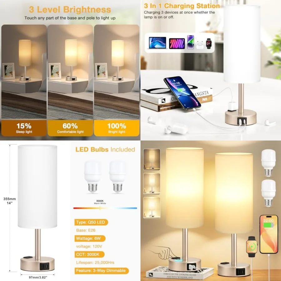 Touch Bedside Table Lamps Set - 3 Way Dimmable Bedroom Lamps Set of 2 with USB C and A Ports, Small Lamps for Nightstand with A
Touch Bedside Table Lamps Set - 3 Way Dimmable Bedroom Lamps Set of 2 with USB C and A Ports, Small Lamps for Nightstand with A