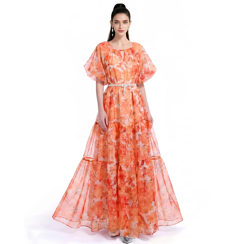 Sunset Orange Floral Tiered Maxi Dress, Women's Loose Flowy Long Gown with Pearl Belt for Summer Events
Sunset Orange Floral Tiered Maxi Dress, Women's Loose Flowy Long Gown with Pearl Belt for Summer Events