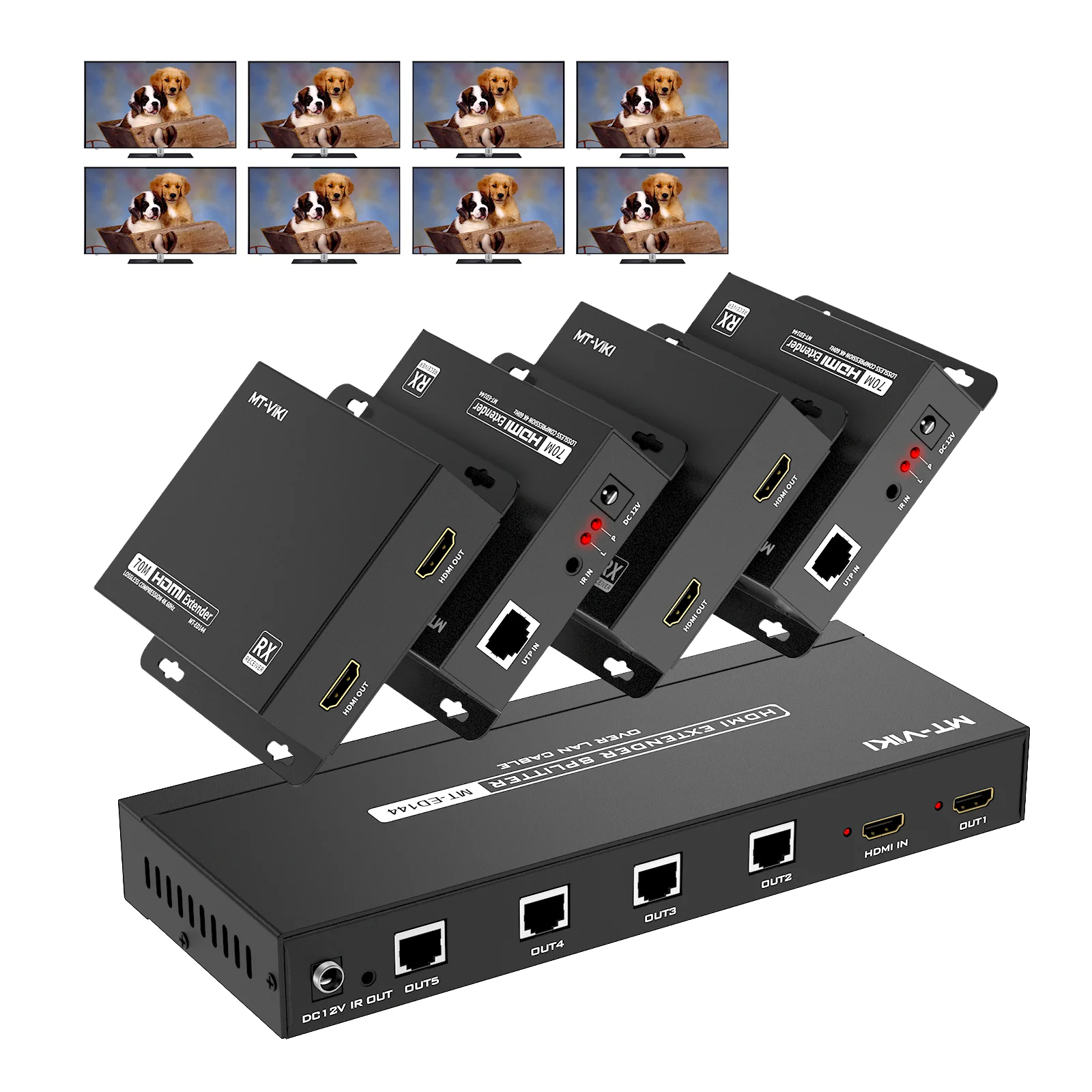 4K 60Hz HDMI Extender Splitter Over Ethernet 1x4, MT-VIKI 1 in 4 Out HDMI Splitter Extender Over Cat6 POC + Loop 70M 
4K 60Hz HDMI Extender Splitter Over Ethernet 1x4, MT-VIKI 1 in 4 Out HDMI Splitter Extender Over Cat6 POC + Loop 70M