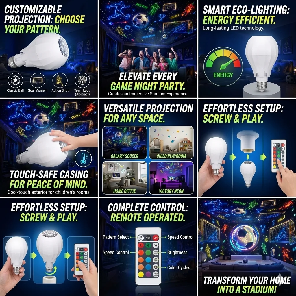 E27 LED Football Pattern Projection Bulb Rotating Stage Light Soccer Theme Party Lamp for Home Room Atmosphere Decoration
E27 LED Football Pattern Projection Bulb Rotating Stage Light Soccer Theme Party Lamp for Home Room Atmosphere Decoration