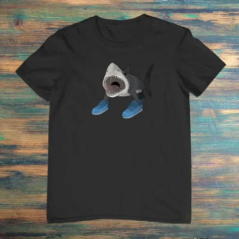 Shark Wearing Blue Sneakers T-Shirt. Black Tee with Detailed Graphic of Open Mouth Shark & Shoes Fun Unique Streetwear Style Top
Shark Wearing Blue Sneakers T-Shirt. Black Tee with Detailed Graphic of Open Mouth Shark & Shoes Fun Unique Streetwear Style Top