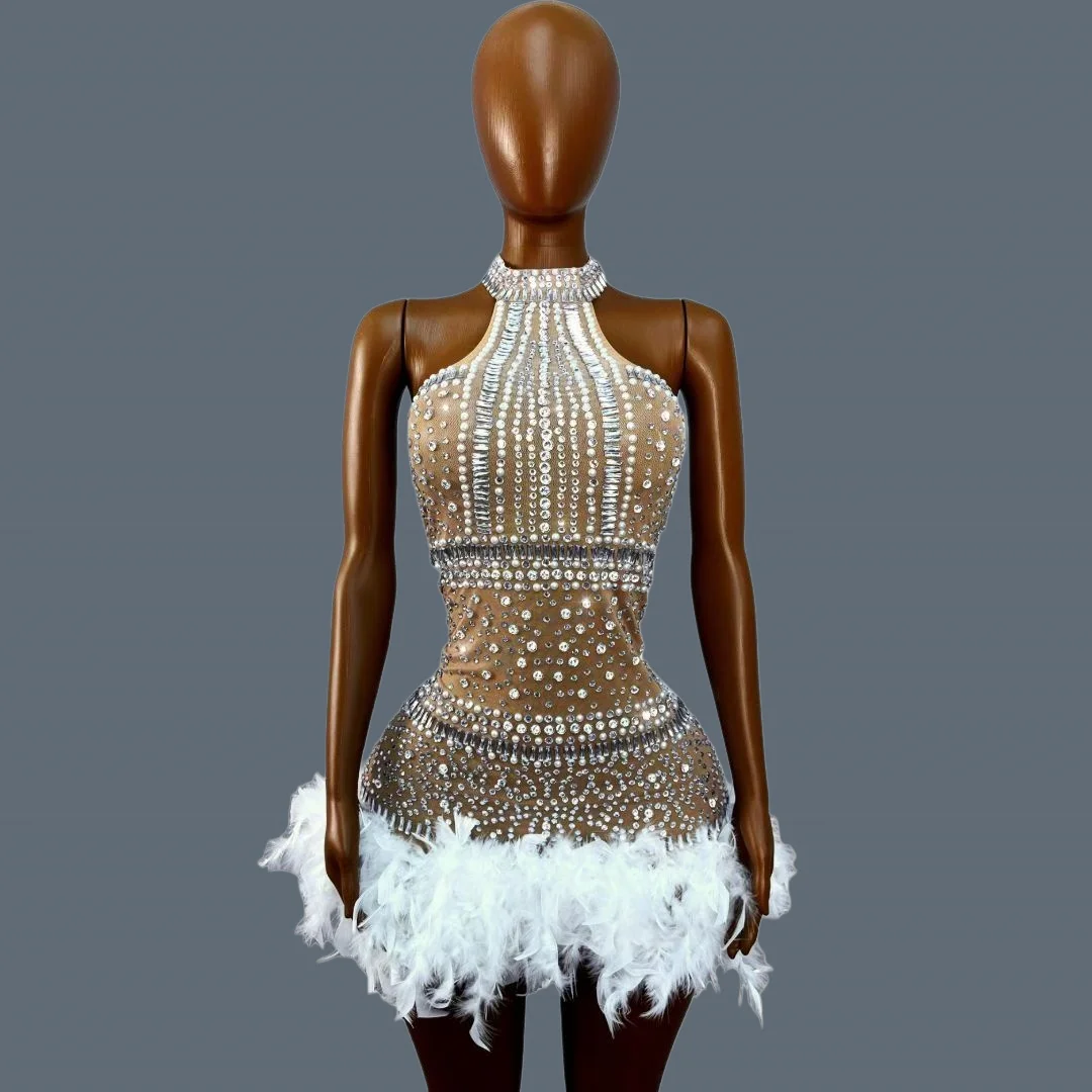 Silver Sparkly Rhinestone Feather Hem Halter Mini Dress Women Sheer Mesh Stage Show Wear Cocktail Dress Party Outfit Baimaoxian
Silver Sparkly Rhinestone Feather Hem Halter Mini Dress Women Sheer Mesh Stage Show Wear Cocktail Dress Party Outfit Baimaoxian