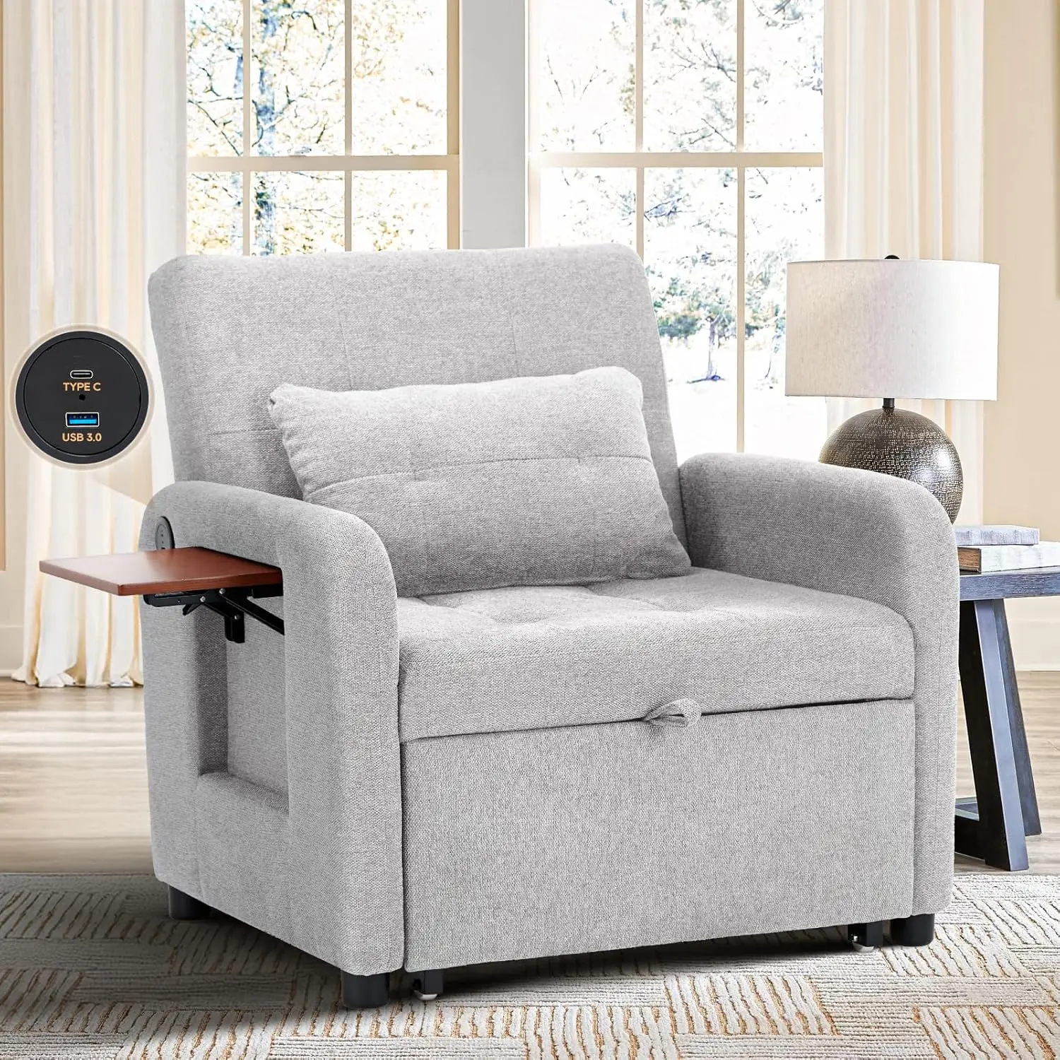 Convertible Sleeper Chair-Fabric Futon Sofa Bed, Single Sleeper Sofa, Small Couch Bed with USB Port, Foldable Table, Pil
Convertible Sleeper Chair-Fabric Futon Sofa Bed, Single Sleeper Sofa, Small Couch Bed with USB Port, Foldable Table, Pil