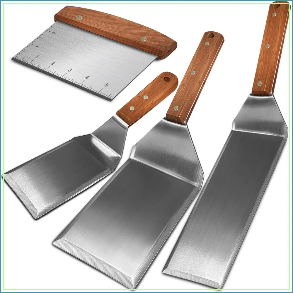 Set of 4 Stainless Steel Griddle Spatulas with Full Tang Wooden Handle & Beveled Edges for Cast Iron Skillets and Griddles
Set of 4 Stainless Steel Griddle Spatulas with Full Tang Wooden Handle & Beveled Edges for Cast Iron Skillets and Griddles