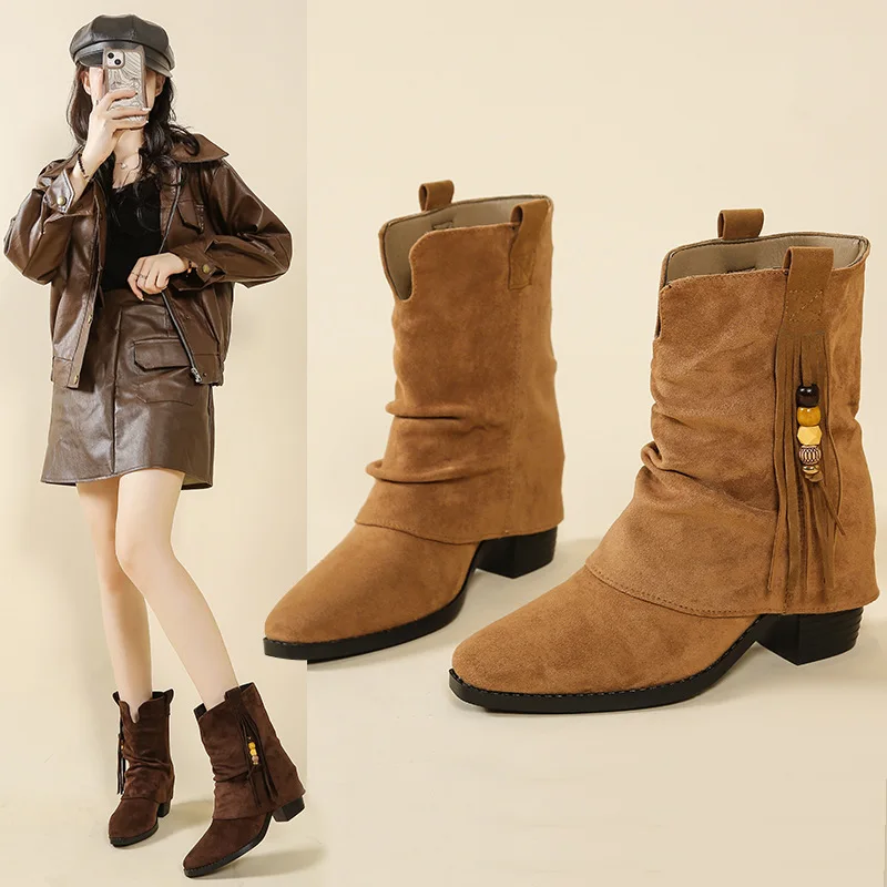 Suede mid-heel fringed boots for women 2025 winter new style beaded plus-size retro pleated sleeve pile boots 
Suede mid-heel fringed boots for women 2025 winter new style beaded plus-size retro pleated sleeve pile boots