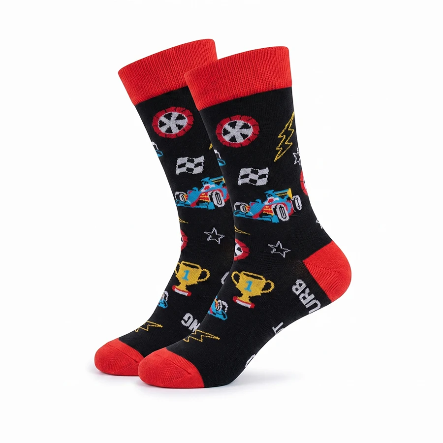 1 Pair of Unisex Socks with Black Base and Colorful Racing Car and Trophy Designs, Red Contrast Heel and Toe, Polyester, Breathable, Fun Mid-Calf Socks Suitable for Everyday Wear
1 Pair of Unisex Socks with Black Base and Colorful Racing Car and Trophy Designs, Red Contrast Heel and Toe, Polyester, Breathable, Fun Mid-Calf Socks Suitable for Everyday Wear