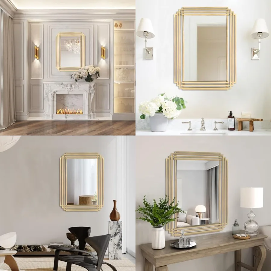 Rectangle Mirror, 24"x18" Modern Vanity Wall Mirror with Metal Mirror, Geometric Art Deco Mirrors for Living Room Bathroom Bedr
Rectangle Mirror, 24"x18" Modern Vanity Wall Mirror with Metal Mirror, Geometric Art Deco Mirrors for Living Room Bathroom Bedr