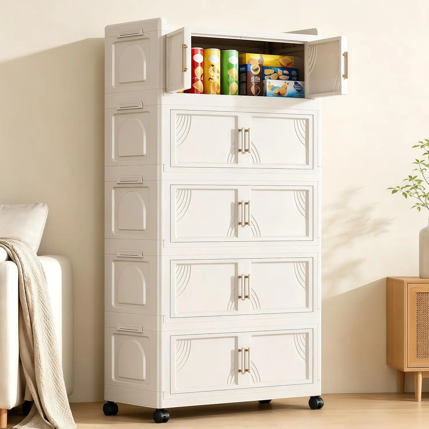 5 Tier Foldable Storage Cabinet with Lids, 313QT Large Premium PP Storage Organizer with Magnetic Doors and Wheels, Heavy Duty W
5 Tier Foldable Storage Cabinet with Lids, 313QT Large Premium PP Storage Organizer with Magnetic Doors and Wheels, Heavy Duty W
