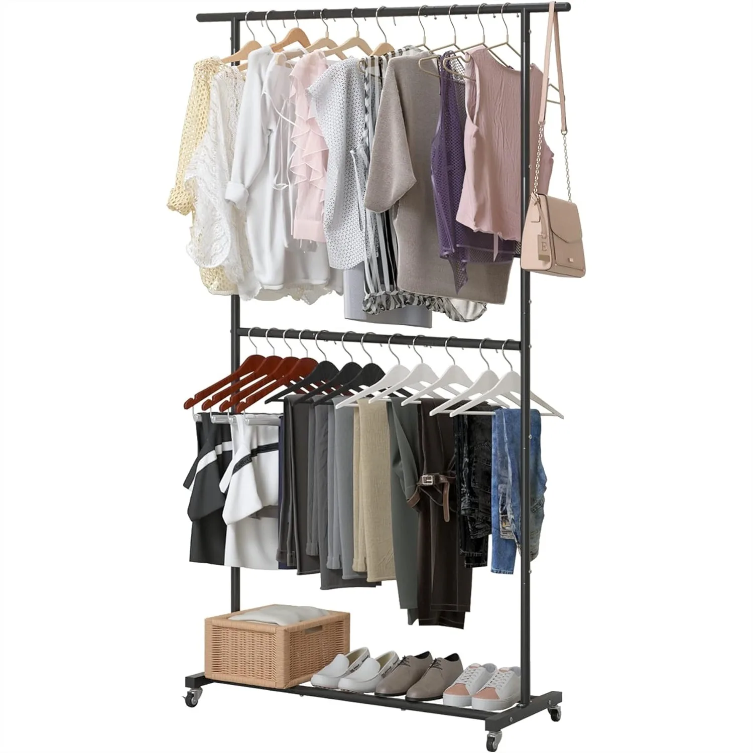 Double Rod Clothing Rack on Wheels for Hanging Clothes, Easy Assembly, Adjustable, Black
Double Rod Clothing Rack on Wheels for Hanging Clothes, Easy Assembly, Adjustable, Black