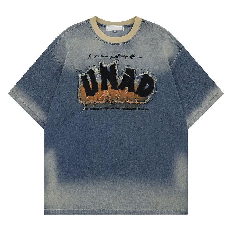 Summer New Retro Denim T-shirt, Worn Out Washed Gradient Street Wear, Men's and Women's Fashionable Casual Loose American Top
Summer New Retro Denim T-shirt, Worn Out Washed Gradient Street Wear, Men's and Women's Fashionable Casual Loose American Top