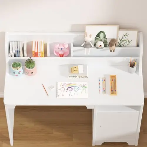 White Wooden Study Desk Featuring Hutch, Open Shelf, And Cabinet Storage For Writing Or Computer Use
White Wooden Study Desk Featuring Hutch, Open Shelf, And Cabinet Storage For Writing Or Computer Use