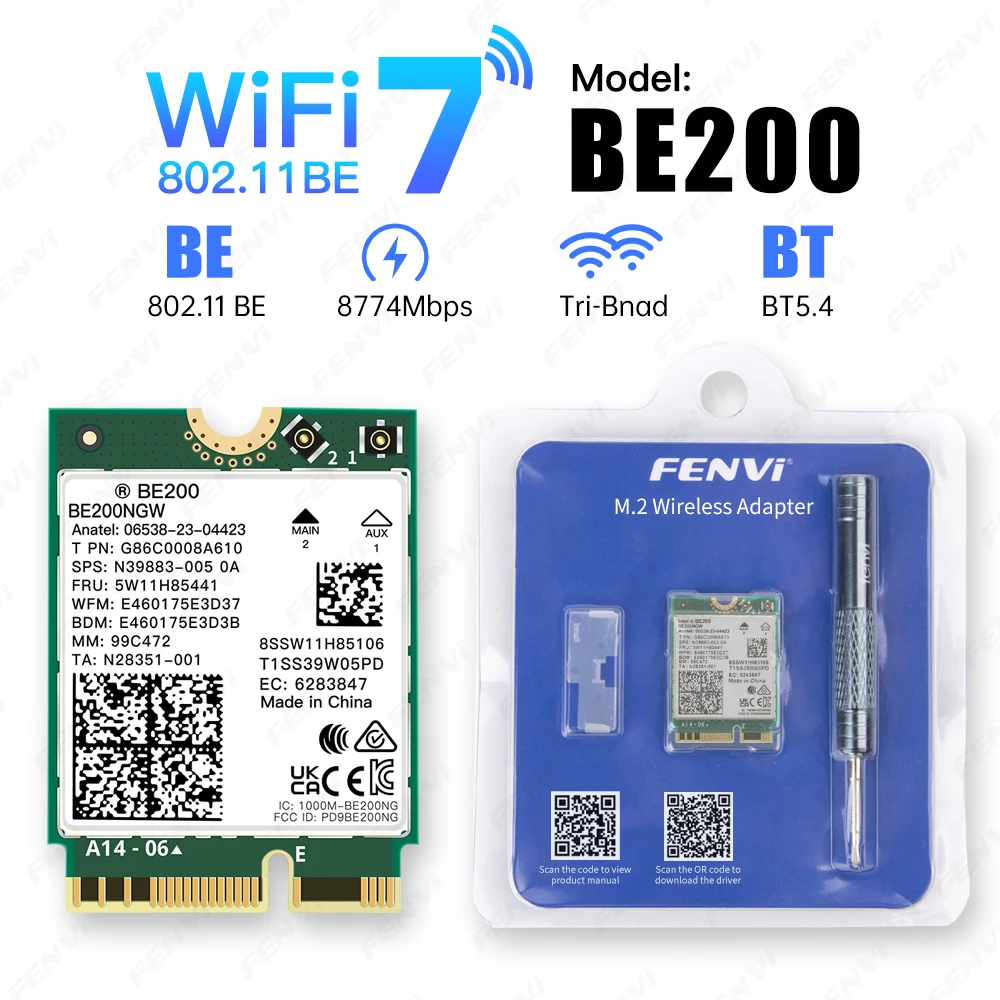 fenvi 8774Mbps WiFi 7 BE200 Network Card Bluetooth 5.4 Tri Band 2.4G/5G/6GHz for Intel BE200NGW M.2 Wireless Adapter Win 10/11
fenvi 8774Mbps WiFi 7 BE200 Network Card Bluetooth 5.4 Tri Band 2.4G/5G/6GHz for Intel BE200NGW M.2 Wireless Adapter Win 10/11