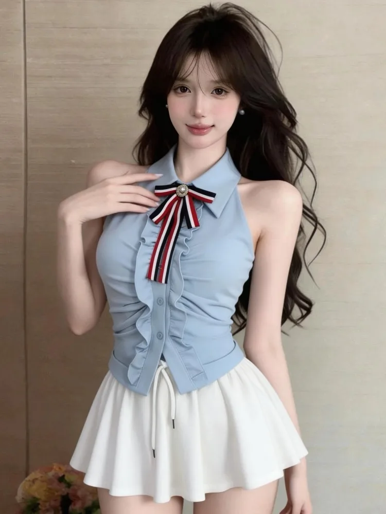 Fashionable Knot Sleeveless Short Top Skirt Set Elegant Chic Summer Outfit Korean Style Slim Fit Casual Wear
Fashionable Knot Sleeveless Short Top Skirt Set Elegant Chic Summer Outfit Korean Style Slim Fit Casual Wear