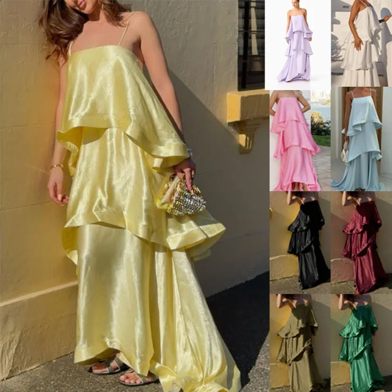 2026 Summer Leisure Vacation Long Dress Elegant Sling Layered Satin Party Dress New Ladies Sleeveless Hollow Beach Maxi Dresses
2026 Summer Leisure Vacation Long Dress Elegant Sling Layered Satin Party Dress New Ladies Sleeveless Hollow Beach Maxi Dresses