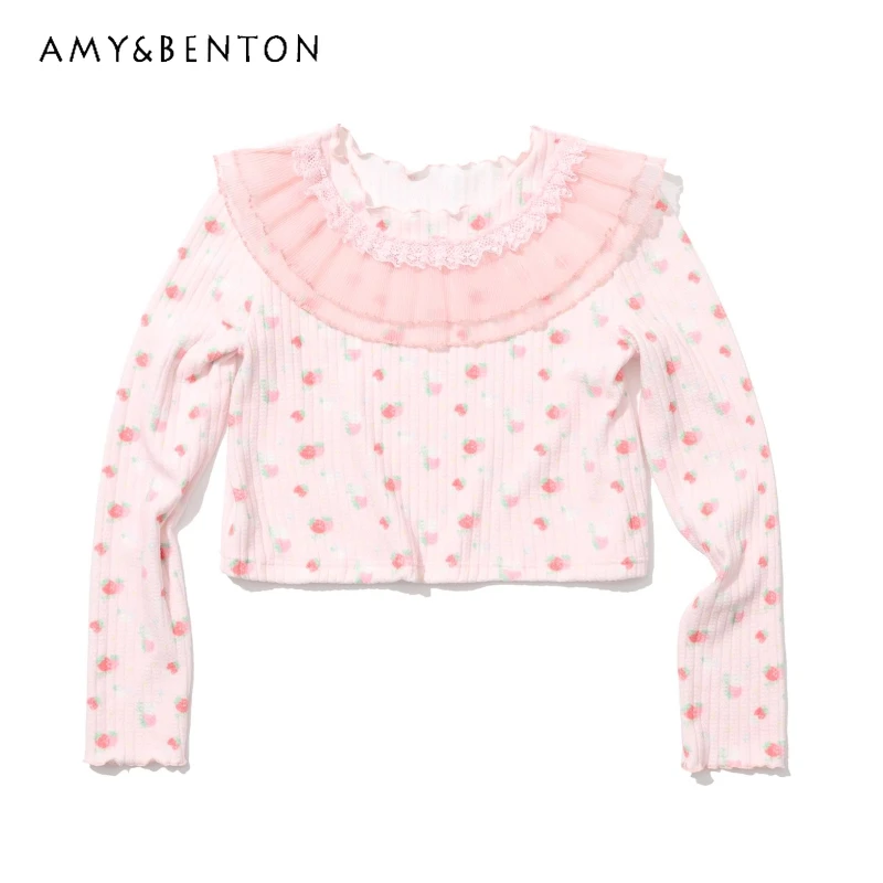 Женская нижняя рубашка в японском стиле с розовым фруктовым принтом, осень 2022, новый милый женский топ с кружевной отделкой и круглым вырезом, длинными рукавами 
Женская нижняя рубашка в японском стиле с розовым фруктовым принтом, осень 2022, новый милый женский топ с кружевной отделкой и круглым вырезом, длинными рукавами