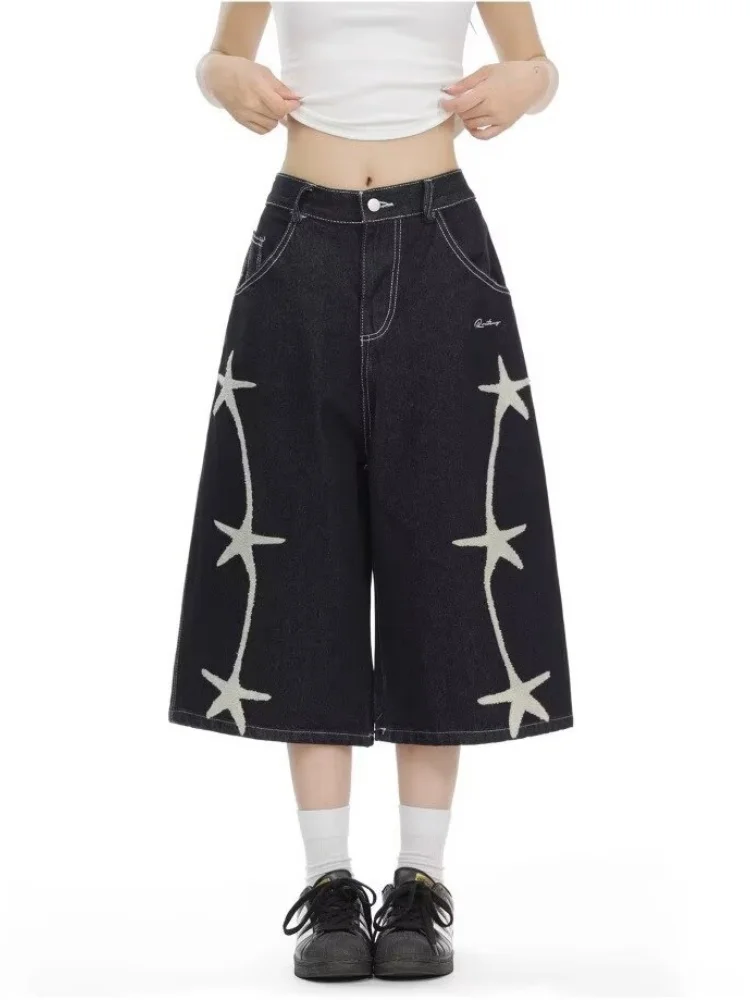 2026 Cyber Y2K Streetwear Star Embroidery Black Baggy Women's Short Jeans Pants For Woman Clothes Wide Leg Loose Cotton Trousers
2026 Cyber Y2K Streetwear Star Embroidery Black Baggy Women's Short Jeans Pants For Woman Clothes Wide Leg Loose Cotton Trousers