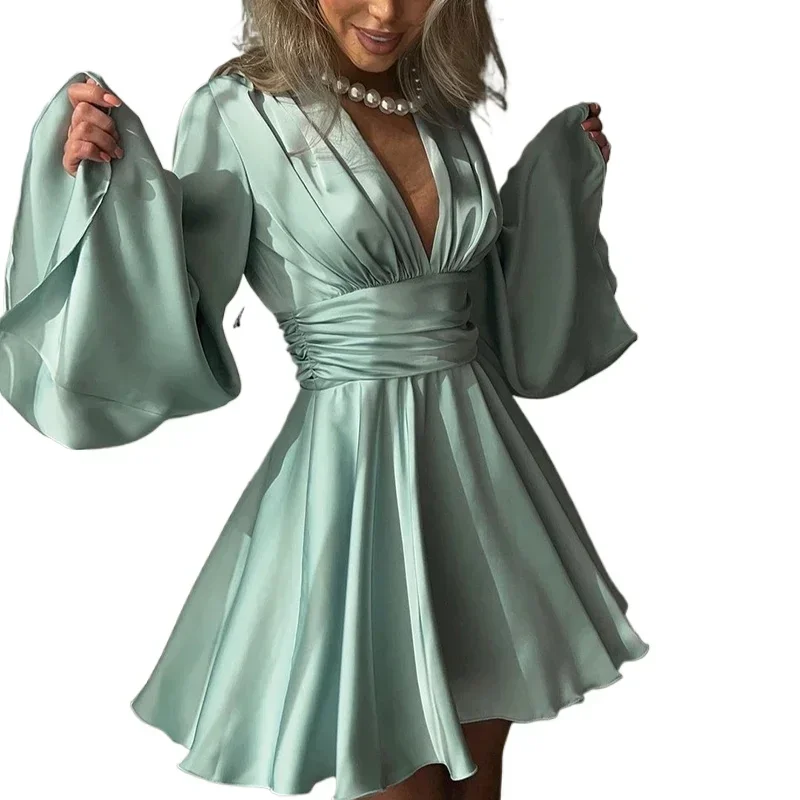 Elegant Party Satin Flare Long Sleeve Dress Women's Sexy Deep V Neck Solid Color Higt Waist Dresses Autumn Fashion short skirts
Elegant Party Satin Flare Long Sleeve Dress Women's Sexy Deep V Neck Solid Color Higt Waist Dresses Autumn Fashion short skirts