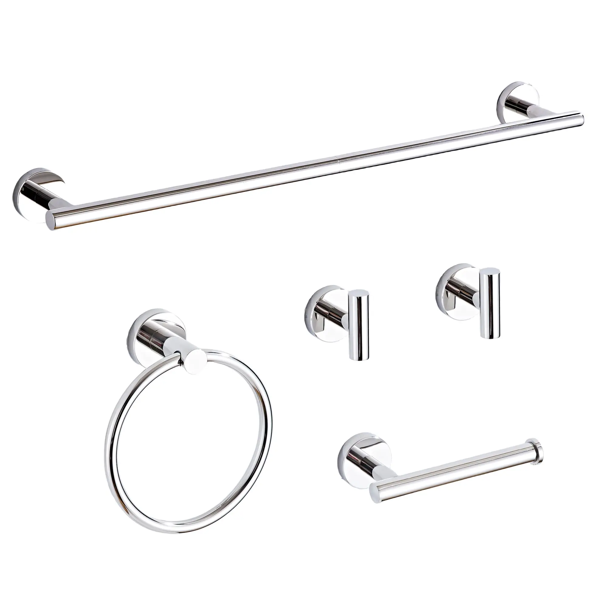 Chrome Finish 5-Piece Bathroom Accessory Set: 24 Inch Towel Bar, Ring, Paper Holder, And Dual Robe Hooks, SUS304 Stainless Steel
Chrome Finish 5-Piece Bathroom Accessory Set: 24 Inch Towel Bar, Ring, Paper Holder, And Dual Robe Hooks, SUS304 Stainless Steel