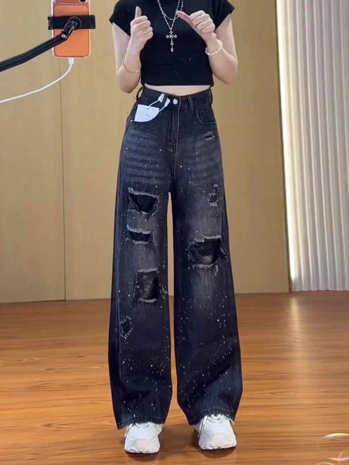 High Waist Wide Leg Lace Hole Rhinestone Denim Jeans Women's Black Grey Summer New Style Straight Cut Pants Casual Style
High Waist Wide Leg Lace Hole Rhinestone Denim Jeans Women's Black Grey Summer New Style Straight Cut Pants Casual Style