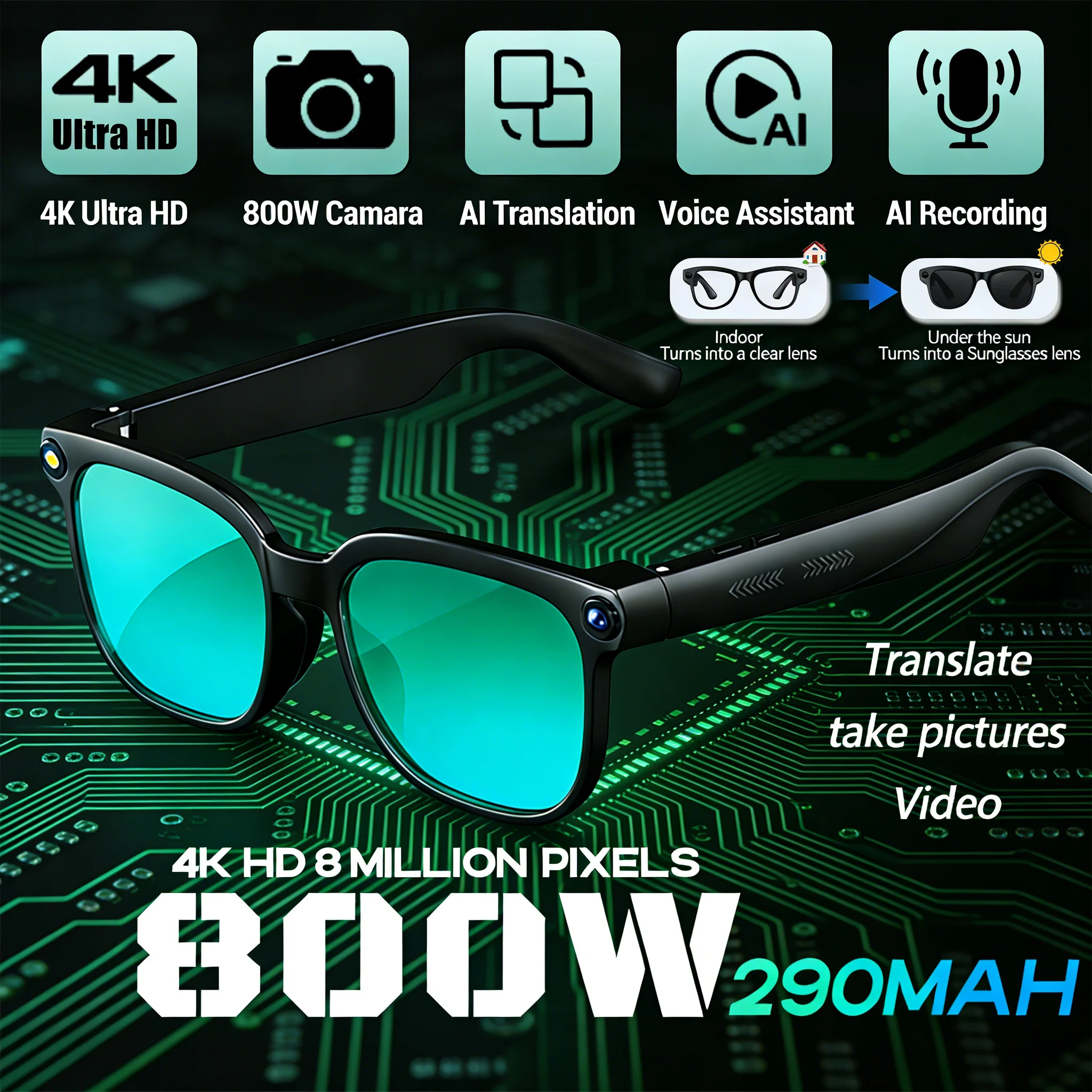 Умные очки с ИИ и камерой: запись видео 4K 800W HD, воспроизведение музыки, перевод 150+ языков, голосовой помощник, функция Hands-Free
Умные очки с ИИ и камерой: запись видео 4K 800W HD, воспроизведение музыки, перевод 150+ языков, голосовой помощник, функция Hands-Free