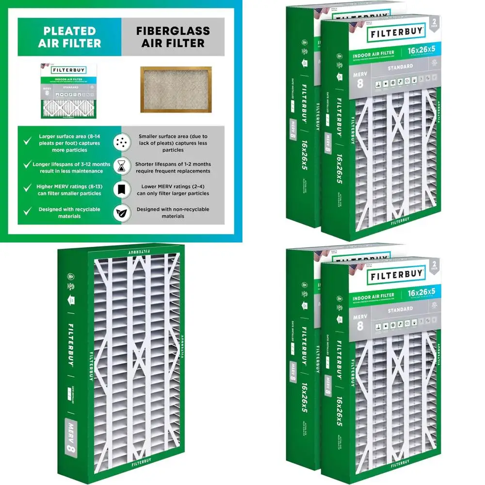 16x26x5 MERV 8 Air Filter, 2-Pack, Pleated for HVAC Systems, Dust & Allergy Relief
16x26x5 MERV 8 Air Filter, 2-Pack, Pleated for HVAC Systems, Dust & Allergy Relief