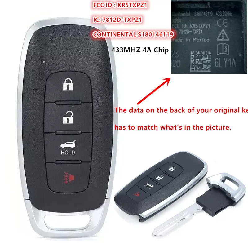 Keyecu FCC ID: KR5TXPZ1 Smart Keyless Remote Key FOB 434 МГц 4A Чип для 2022 2023 2024 Nissan Versa 3 + 1 кнопки PN: S180146119
Keyecu FCC ID: KR5TXPZ1 Smart Keyless Remote Key FOB 434 МГц 4A Чип для 2022 2023 2024 Nissan Versa 3 + 1 кнопки PN: S180146119