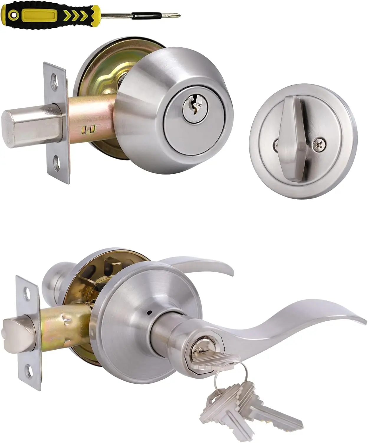 Keyed Alike Front Door Lever Lockset with Single Cylinder Deadbolt, Satin Nickel, 3 Keys Same
Keyed Alike Front Door Lever Lockset with Single Cylinder Deadbolt, Satin Nickel, 3 Keys Same