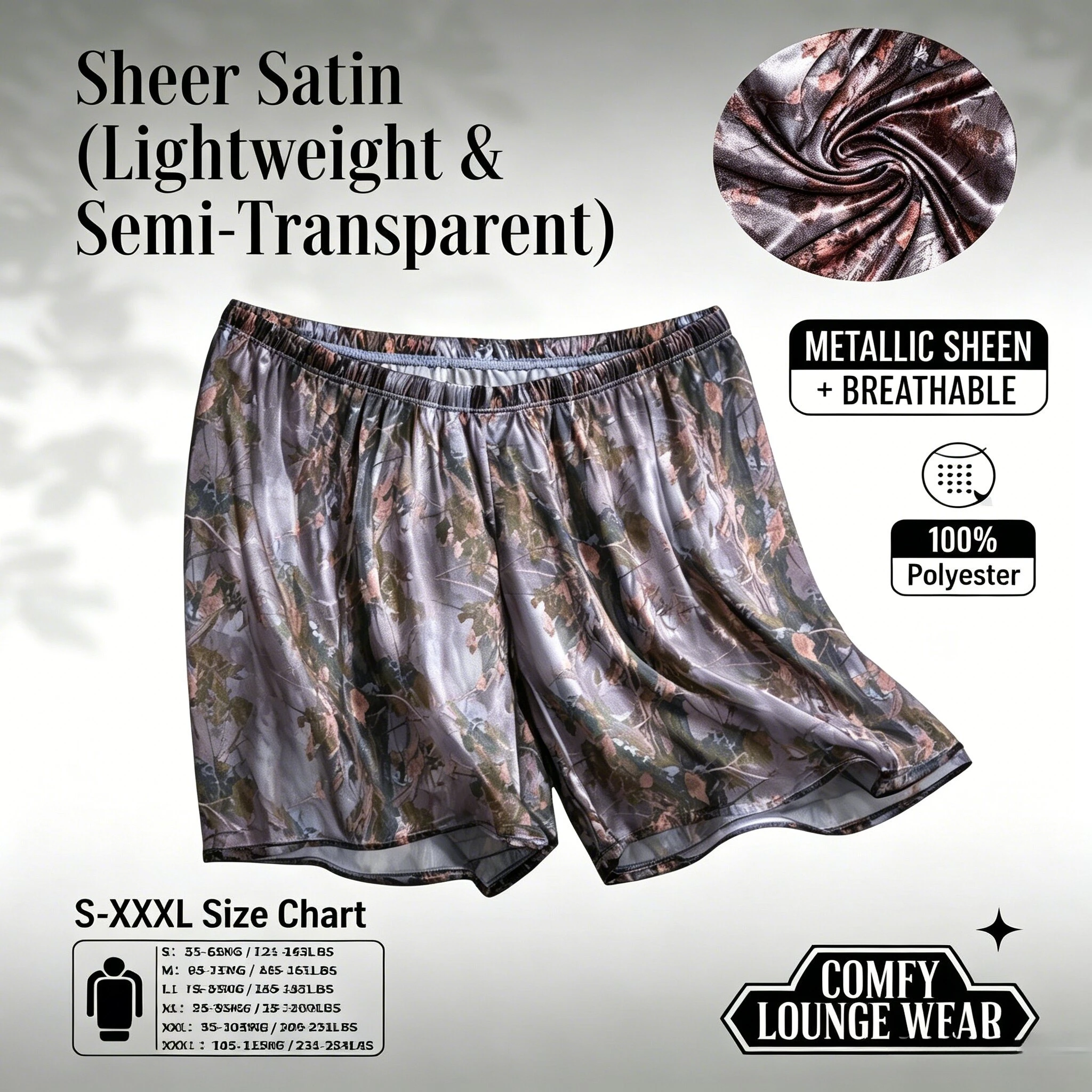 1 Piece Men's Camouflage Print Satin Sleep Shorts - Lightweight Breathable Metallic Sheen Casual Home Loungewear
1 Piece Men's Camouflage Print Satin Sleep Shorts - Lightweight Breathable Metallic Sheen Casual Home Loungewear