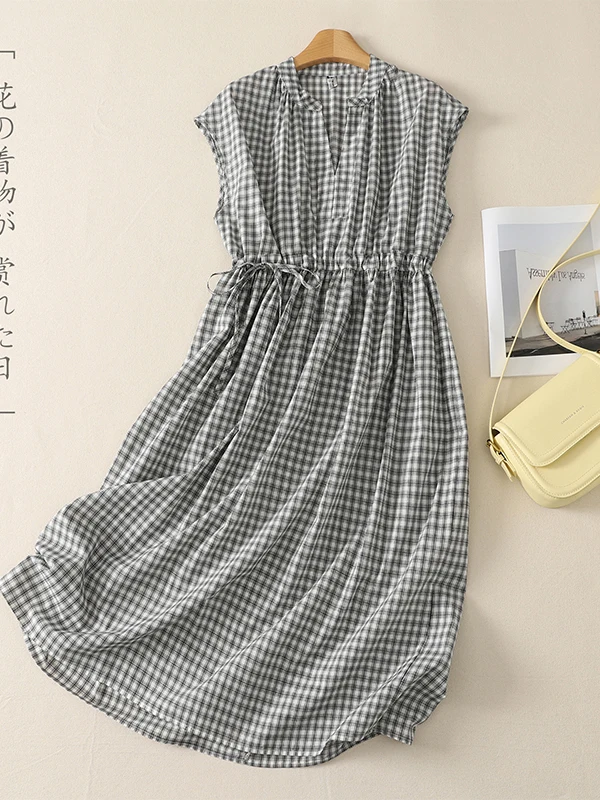 High-End Drawstring Waist Slimming Midi Dress V-Neck Plaid Women's plus Size A-Line Skirt Vintage Loose Fit Short Sleeve
High-End Drawstring Waist Slimming Midi Dress V-Neck Plaid Women's plus Size A-Line Skirt Vintage Loose Fit Short Sleeve