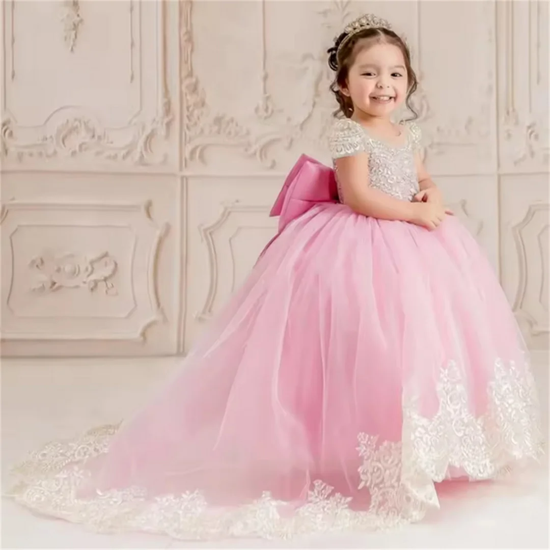 Customized Flower Girl Dresses Pink Tulle Gold Appliques With Bow Short Sleeve For Wedding Birthday Party Holy Communion Gown
Customized Flower Girl Dresses Pink Tulle Gold Appliques With Bow Short Sleeve For Wedding Birthday Party Holy Communion Gown
