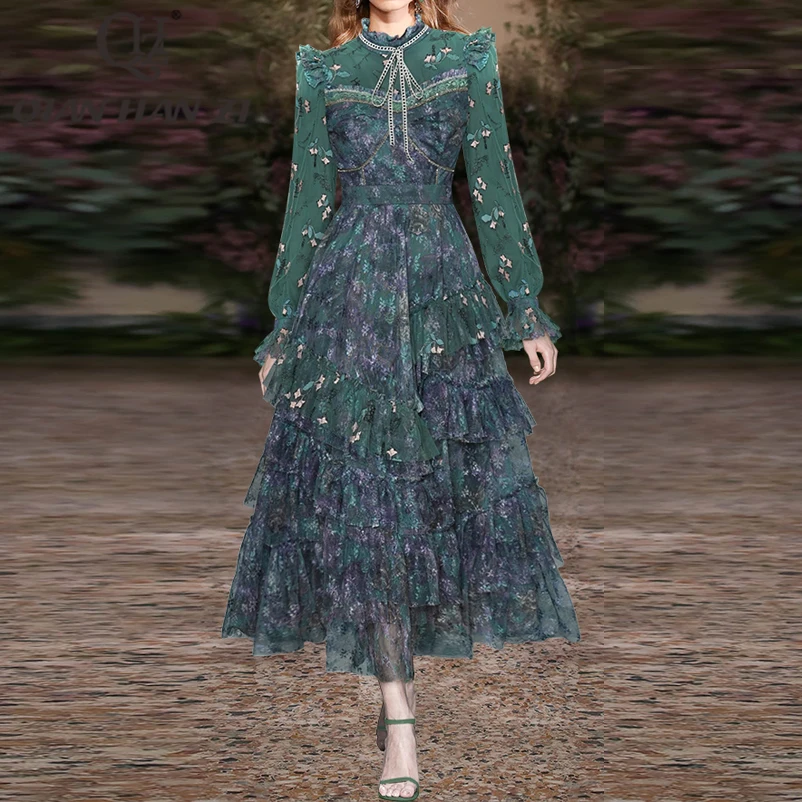 QHZ Designer Fashion Mesh Printed Long Dress Women's long sleeves Vintage Lace slim Party Cascading Ruffle Maxi dress
QHZ Designer Fashion Mesh Printed Long Dress Women's long sleeves Vintage Lace slim Party Cascading Ruffle Maxi dress