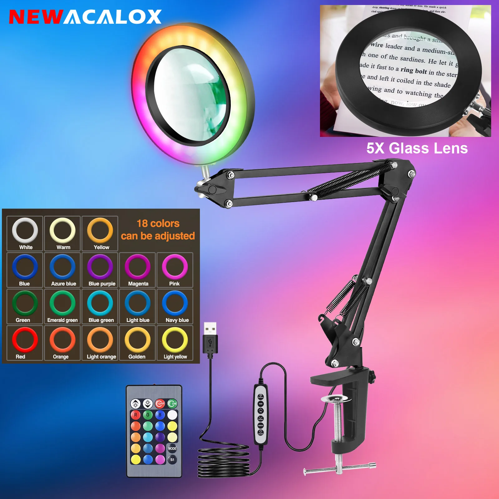 NEWACALOX Remote Control 5X Magnifying Glass with 18 Colors LED Lights 105mm 5X Real Glass Lens Adjustable Swing Arm Desk Lamp
NEWACALOX Remote Control 5X Magnifying Glass with 18 Colors LED Lights 105mm 5X Real Glass Lens Adjustable Swing Arm Desk Lamp