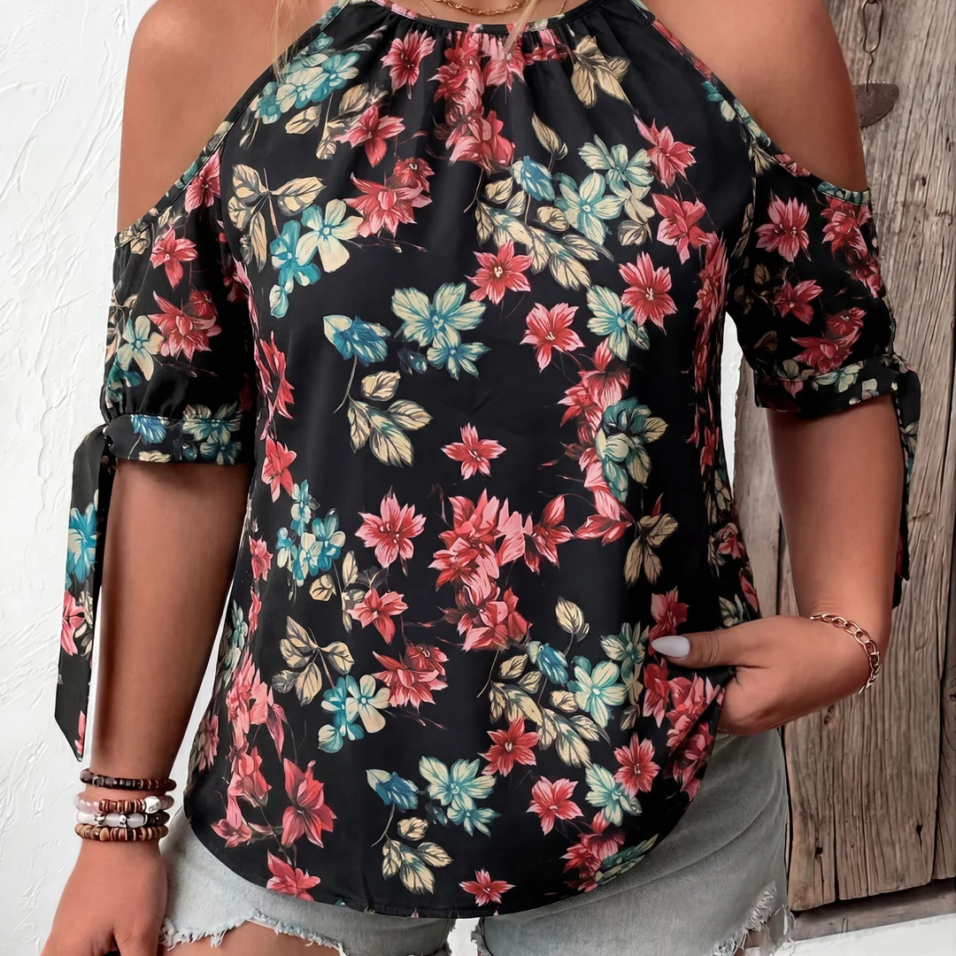 Women Floral Print Cold Shoulder Blouse Halter Neck Tie Cuff Short Sleeve Casual Loose Summer Vacation Shirt
Women Floral Print Cold Shoulder Blouse Halter Neck Tie Cuff Short Sleeve Casual Loose Summer Vacation Shirt