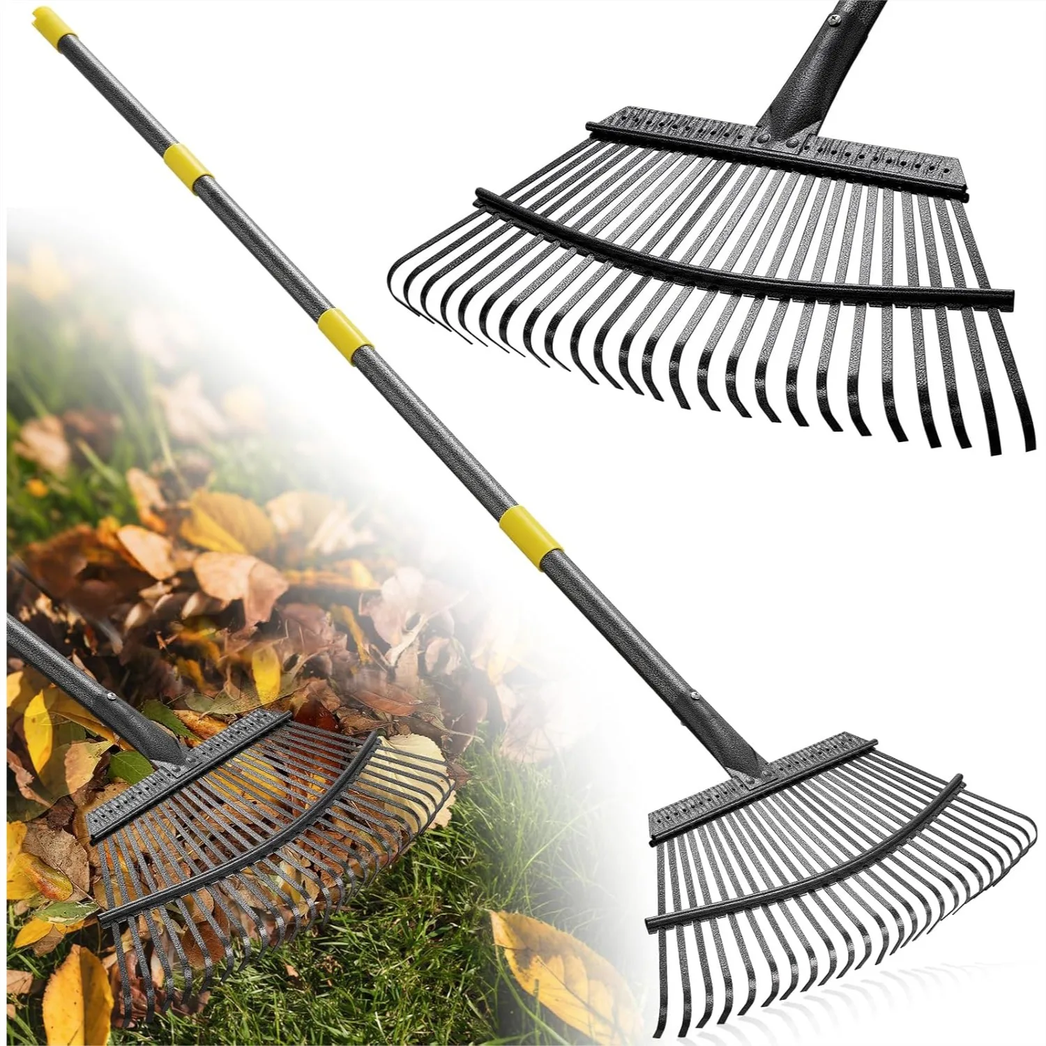 Metal Leaf Rake 18" Wide Head, 37-65" Adjustable Handle, 25 Tines for Lawn Cleanup
Metal Leaf Rake 18" Wide Head, 37-65" Adjustable Handle, 25 Tines for Lawn Cleanup