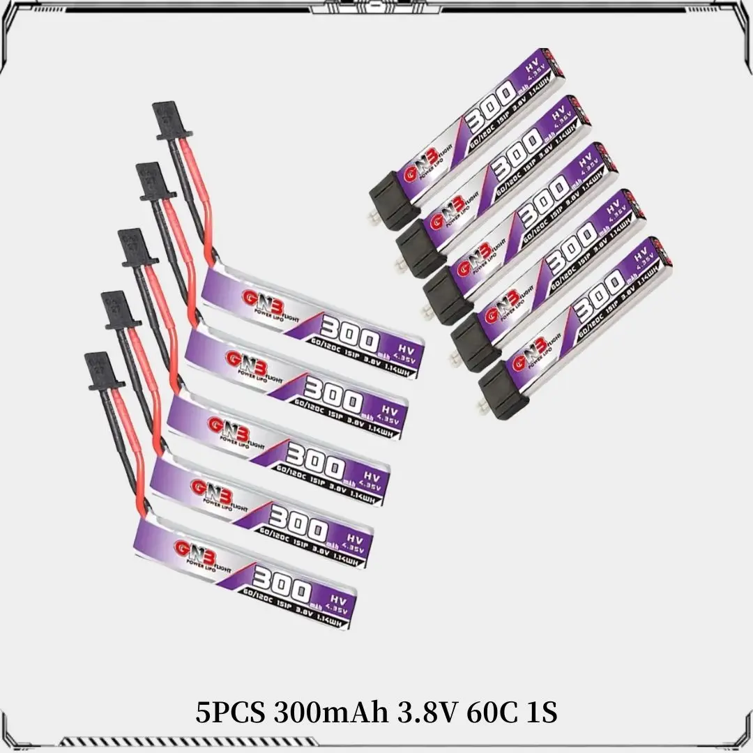 5PCS Gaoneng New GNB 300mAh 1S 3.8V 60C HV Lipo Battey With PH2.0 / Molex 1.25 / GNB27 Connector for RC FPV Racing Drone
5PCS Gaoneng New GNB 300mAh 1S 3.8V 60C HV Lipo Battey With PH2.0 / Molex 1.25 / GNB27 Connector for RC FPV Racing Drone