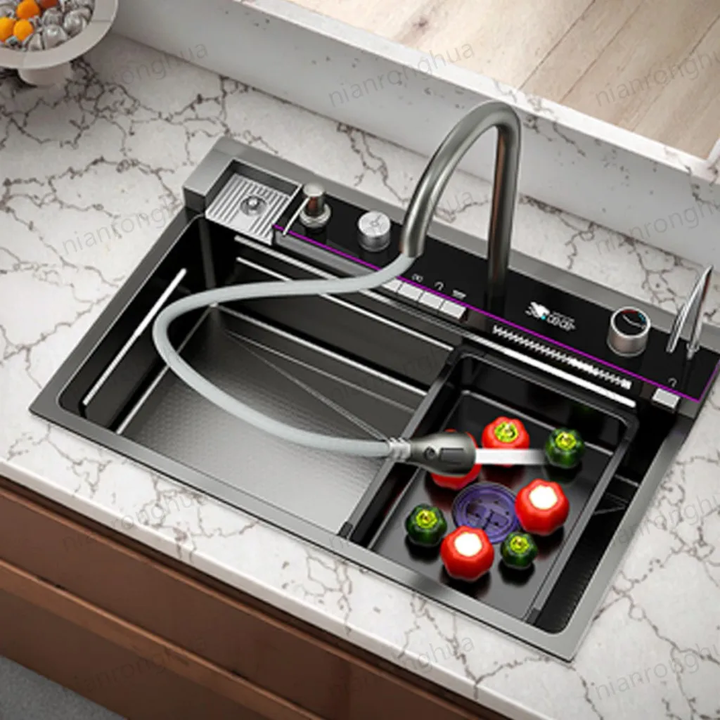 Black Honeycomb Kitchen Sink with Pull-Out Faucet 304 Stainless Steel Digital Temperature Display Honeycomb Anti-Scratch Surface
Black Honeycomb Kitchen Sink with Pull-Out Faucet 304 Stainless Steel Digital Temperature Display Honeycomb Anti-Scratch Surface