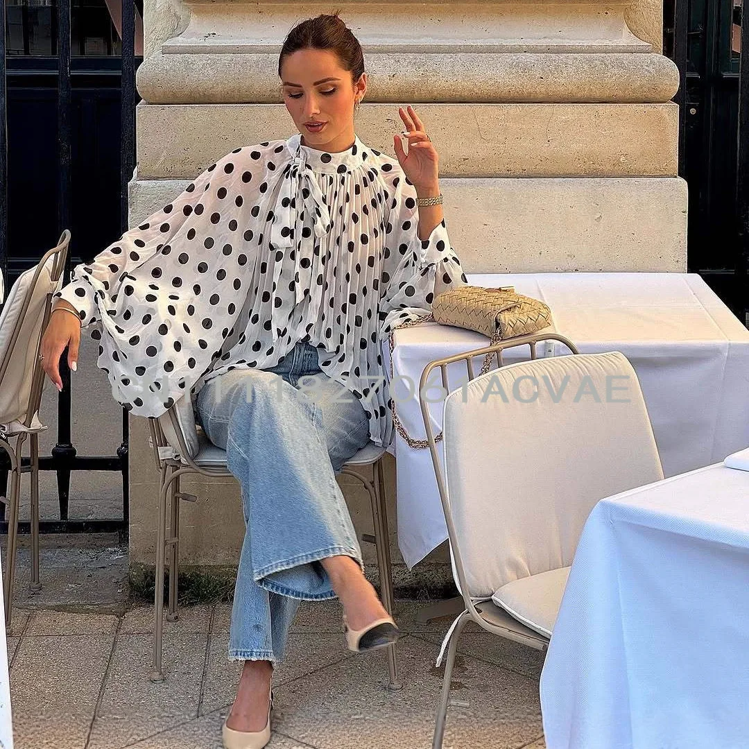 2026 Elegant Loose Women's Shirt Polka Dot Bow Tie Semi Transparent Lantern Sleeve Comfortable Casual Fashion Polyester Blouse
2026 Elegant Loose Women's Shirt Polka Dot Bow Tie Semi Transparent Lantern Sleeve Comfortable Casual Fashion Polyester Blouse