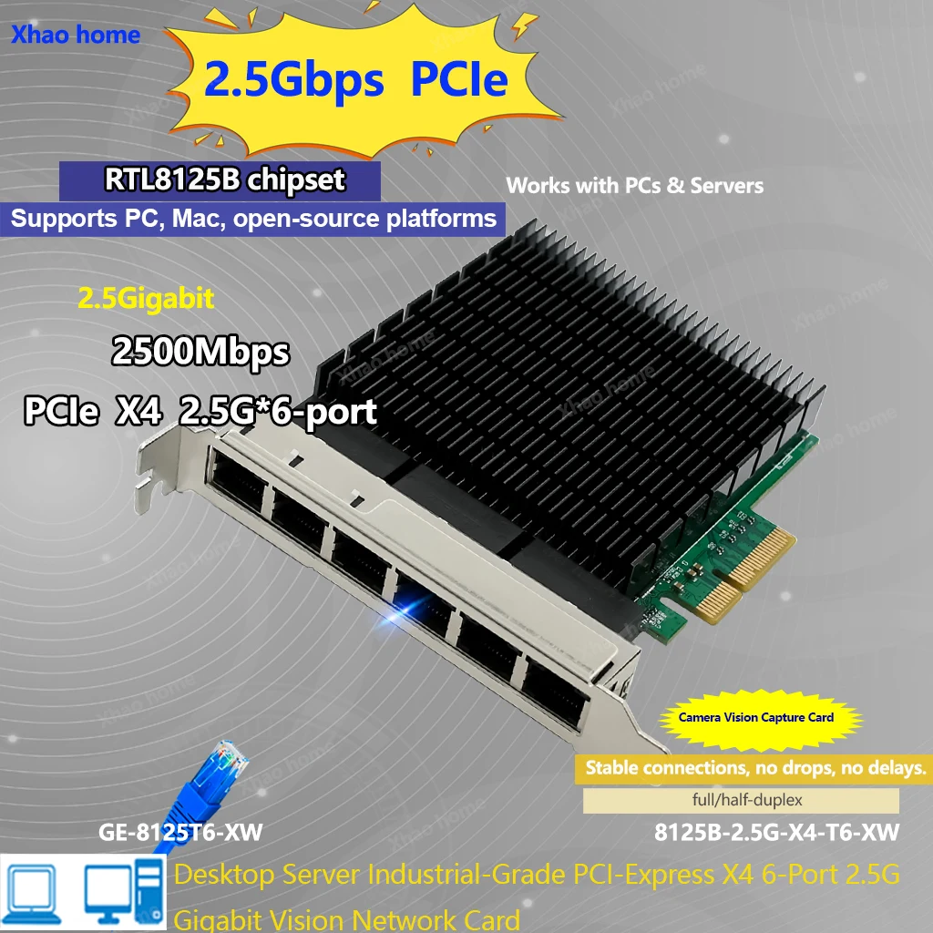 6Port RJ45 2500Mbps Lan Network Card High Speed Remote Wake Control PCIE X4 Ethernet Adapter PC Cat6 UTP Cable Converter RTL8125
6Port RJ45 2500Mbps Lan Network Card High Speed Remote Wake Control PCIE X4 Ethernet Adapter PC Cat6 UTP Cable Converter RTL8125