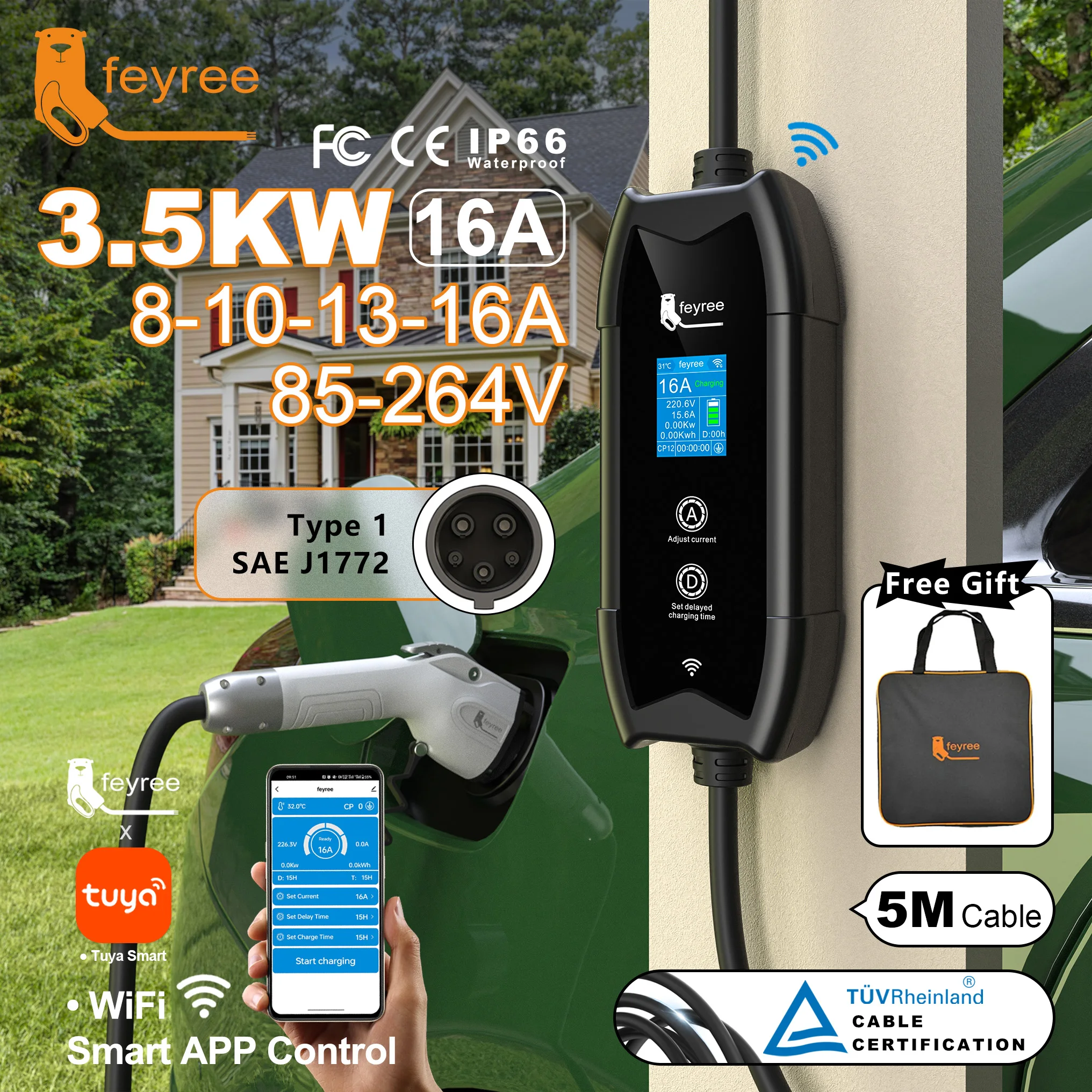 feyree Type1 Portable EV Charger 5m Cable with Smart WIFI APP Control 16A 3.5kW Set Charging Time &Delay Time for EV Cars
feyree Type1 Portable EV Charger 5m Cable with Smart WIFI APP Control 16A 3.5kW Set Charging Time &Delay Time for EV Cars