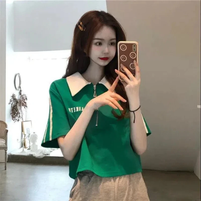 Summer New Polo Neck Contrast Patchwork Short Trend Tops Tees Fashion Loose All-match Youth T Shirts Korean Sweet Women Clothing
Summer New Polo Neck Contrast Patchwork Short Trend Tops Tees Fashion Loose All-match Youth T Shirts Korean Sweet Women Clothing