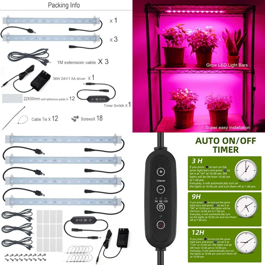 Grow Light Strip Kit 36W with Timer, 4 pcs 16 Inches LED Grow Light Strips with Extension Cables, Mounting Accessories for Gree
Grow Light Strip Kit 36W with Timer, 4 pcs 16 Inches LED Grow Light Strips with Extension Cables, Mounting Accessories for Gree
