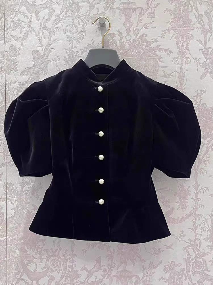 High-End Women's Velvet Bubble Sleeve Shirt Stand Collar Hepburn Style Top Spring 2026 Regular Fit Short Sleeve Ladies Blouse
High-End Women's Velvet Bubble Sleeve Shirt Stand Collar Hepburn Style Top Spring 2026 Regular Fit Short Sleeve Ladies Blouse
