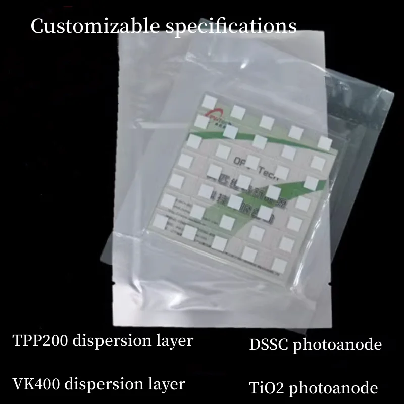 Dye sensitized solar DSSC photoanode film, titanium dioxide electrode, 4x4mm 5x5mm 6x6mm 8x8mm 10x10mm.
Dye sensitized solar DSSC photoanode film, titanium dioxide electrode, 4x4mm 5x5mm 6x6mm 8x8mm 10x10mm.
