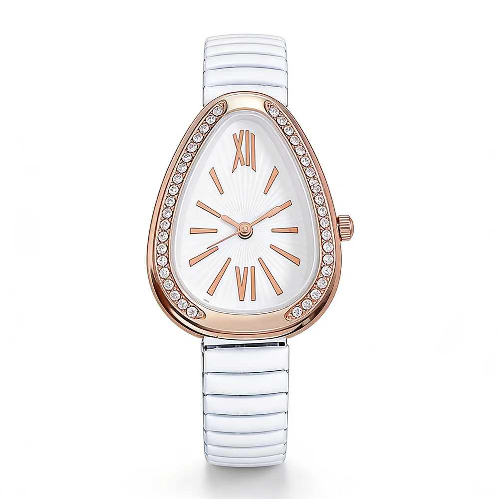 Elegant Women's Teardrop Snake Watch Crystal Bezel Rose Gold White Elastic Band Quartz Wristwatch
Elegant Women's Teardrop Snake Watch Crystal Bezel Rose Gold White Elastic Band Quartz Wristwatch