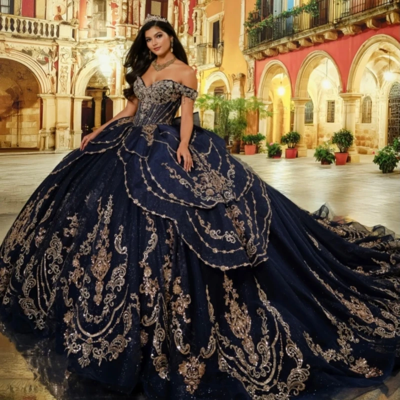 Navy Blue Shiny Quinceanera Dresses Ball Gown Off The Shoulder Applique Lace Beading Crystal Bow Tull Corset Party Sweet 16 Dres
Navy Blue Shiny Quinceanera Dresses Ball Gown Off The Shoulder Applique Lace Beading Crystal Bow Tull Corset Party Sweet 16 Dres