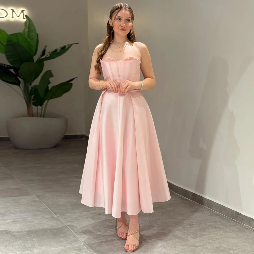 Elegant Pink Tea Length Satin Wedding Dress Customized Strapless Sleeveless Crystal Wedding Party Gowns A-Line Short Prom Dress
Elegant Pink Tea Length Satin Wedding Dress Customized Strapless Sleeveless Crystal Wedding Party Gowns A-Line Short Prom Dress