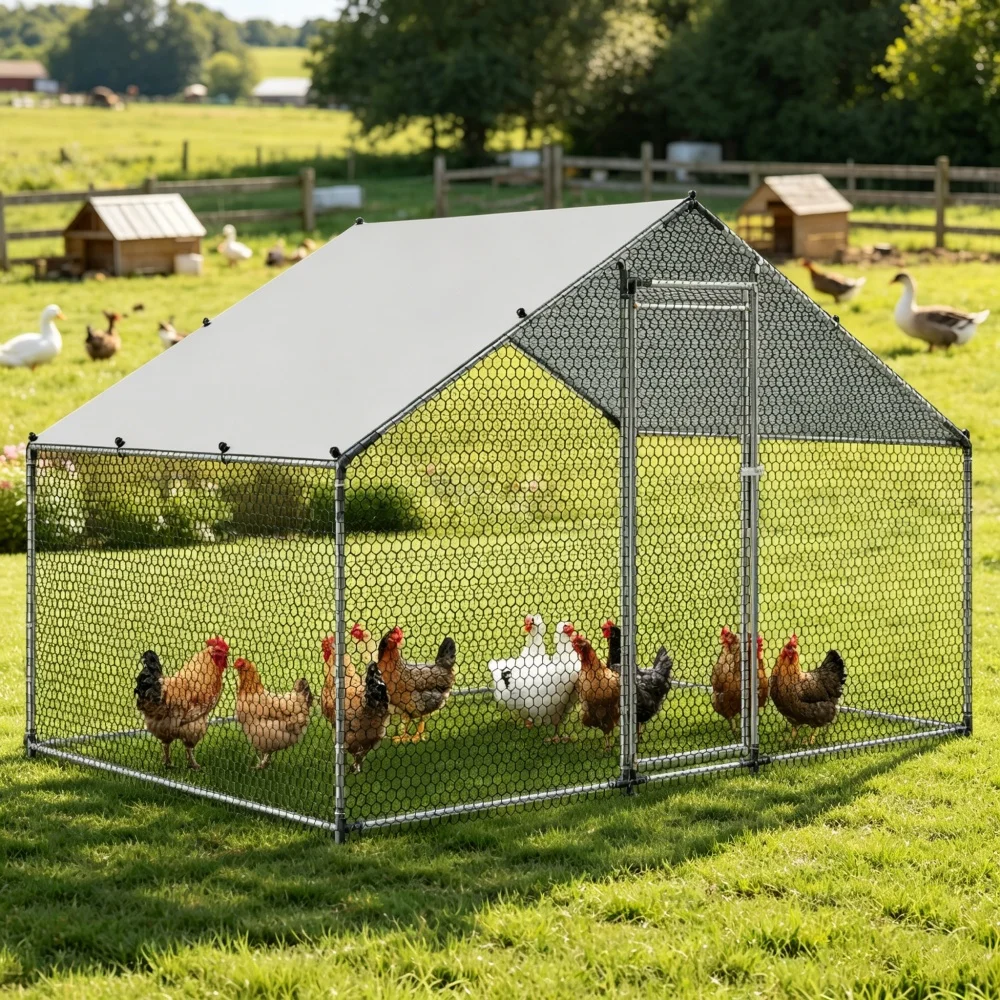Walk-in Chicken Coop Run, 9.84'L x 6.56'W Galvanized Steel Poultry Cage with PE Waterproof Cover, Outdoor Habitat for Chickens, Ducks & Rabbits
Walk-in Chicken Coop Run, 9.84'L x 6.56'W Galvanized Steel Poultry Cage with PE Waterproof Cover, Outdoor Habitat for Chickens, Ducks & Rabbits