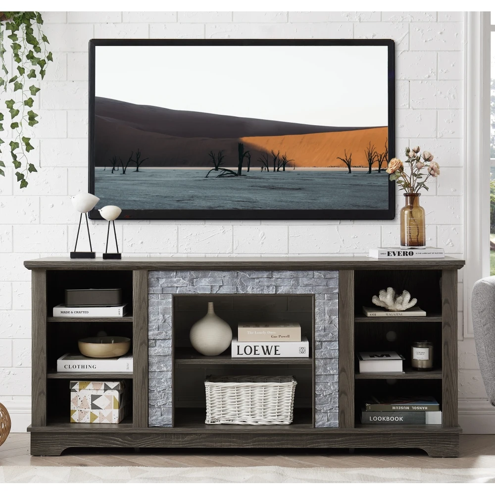 Mantel Stone TV Media Stand With With Faux Stacked Stone Surround, Modern Entertainment Console With Open Storage Space,Grey, 58
Mantel Stone TV Media Stand With With Faux Stacked Stone Surround, Modern Entertainment Console With Open Storage Space,Grey, 58