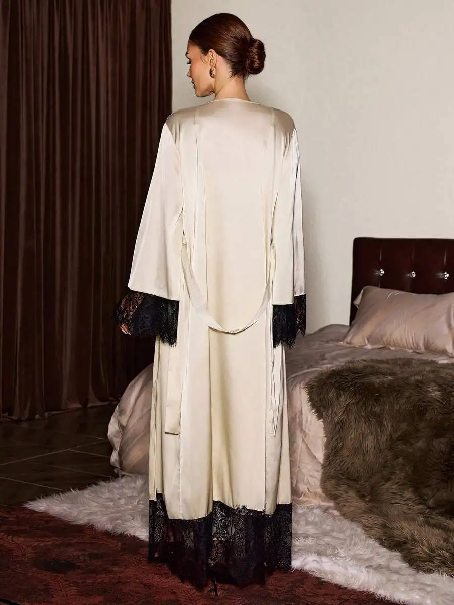 Elegant Satin Lace Trim V-Neck Tie Waist Women Sleep Robe Nightgown
Elegant Satin Lace Trim V-Neck Tie Waist Women Sleep Robe Nightgown