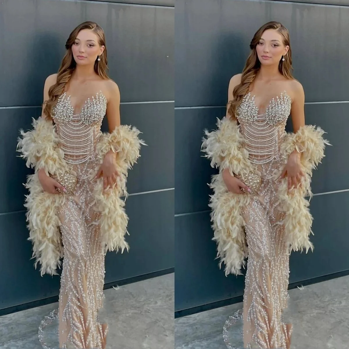 Sexy Crystal Sequined Evening Dresses Customized Fashion Sleeveless Pearls Prom Dress Feathers Floor Length Party Gown
Sexy Crystal Sequined Evening Dresses Customized Fashion Sleeveless Pearls Prom Dress Feathers Floor Length Party Gown